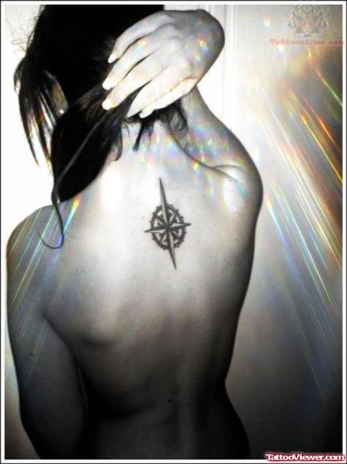 Compass Tattoo On Upper Back