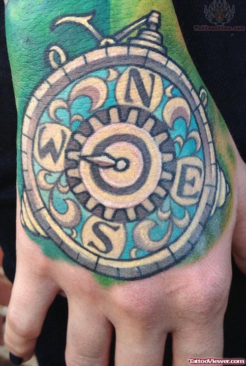 Colored Compass Tattoo On Hand