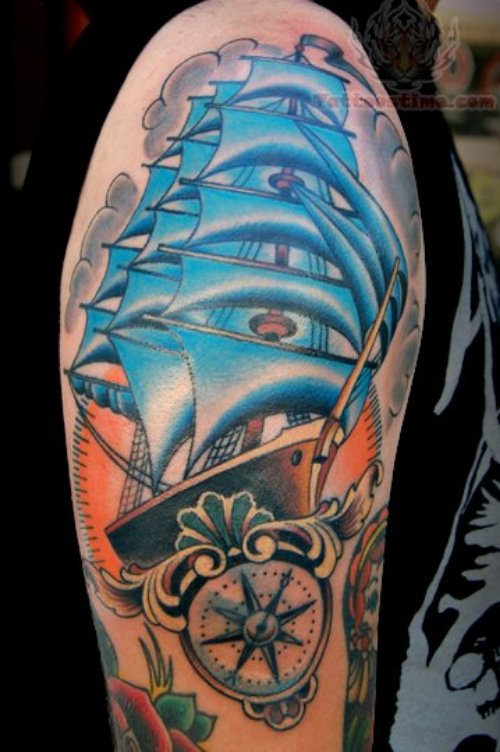 Sailor Ship And Compass Tattoo