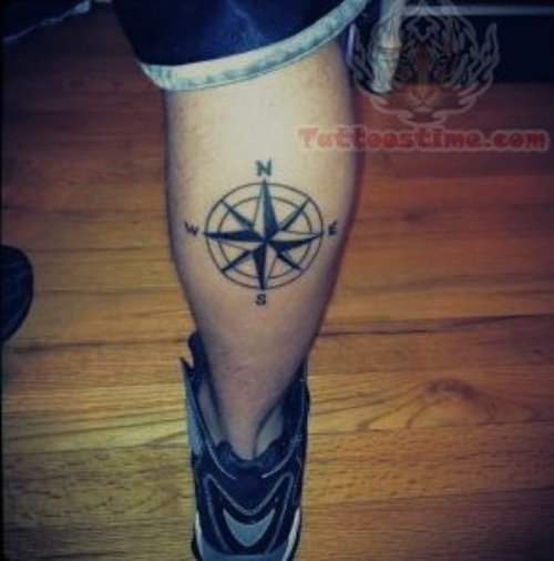Nautical Compass Tattoo On Calf