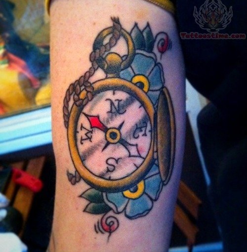 Flower And Compass Tattoo On Bicep
