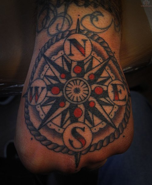 color Ink Compass Tattoo On Hand
