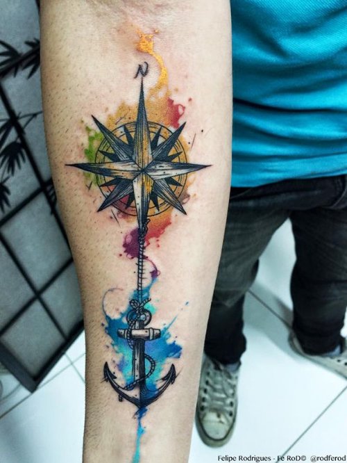 Colorful Anchor And Compass Tattoo On Right Forearm