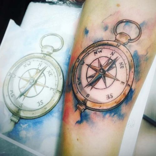 Awesome Watercolor Compass Tattoo On Leg