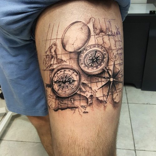 Compass Tattoo On Man Left Thigh