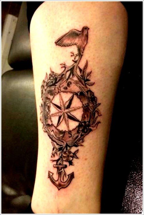 Anchor And Compass Tattoo On Leg