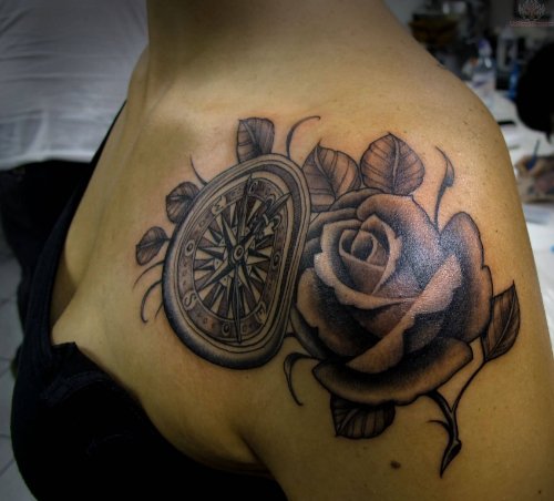 Grey Rose And Compass Tattoo On Girl Left Shoulder