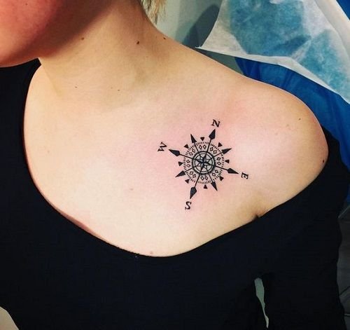 Compass Tattoo On Girl Front Shoulder