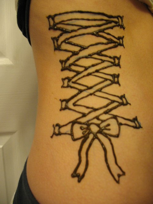 Outline Henna Corset Tattoo On Side Rib