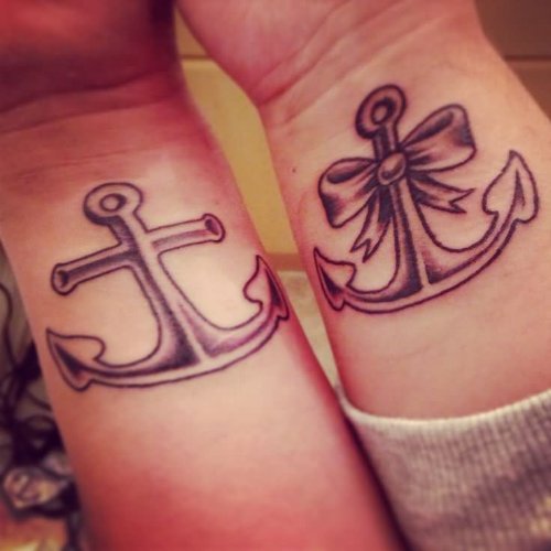 Grey Ink Anchors Couple Tattoos On Wrist