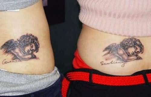 Grey Ink Baby Angel Couple Tattoo
