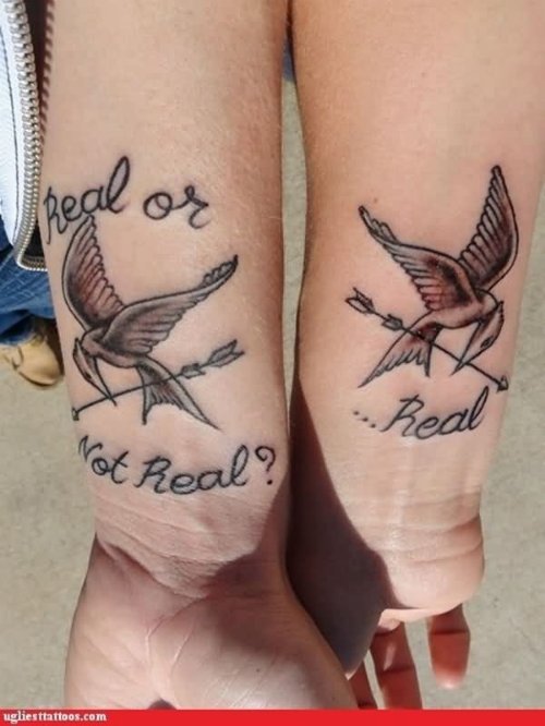 Amazing Grey Ink Flying Birds And Arrows Couple Tattoo