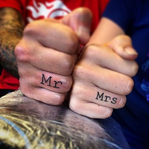 Mr And Mrs. Couple Tattoo On Fingers