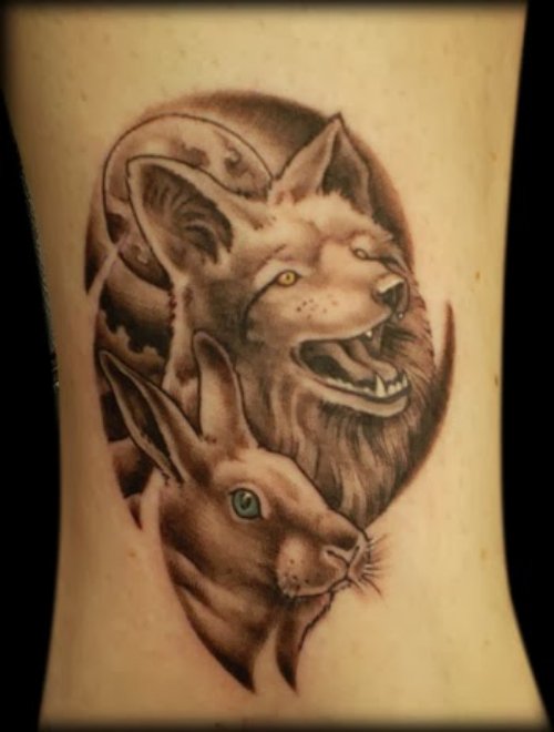 Grey Ink Rabbit And Coyote Tattoo