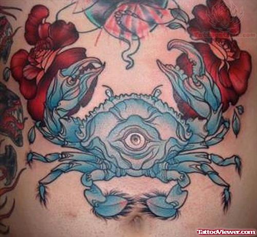 Crab Blue Ink Tattoo On Stomach