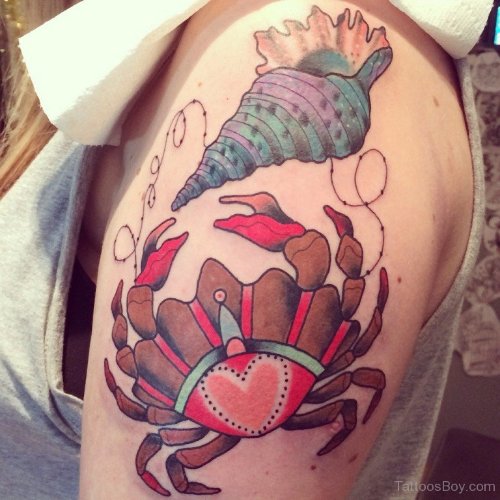 Conch And Crab Tattoo On Left Shoulder