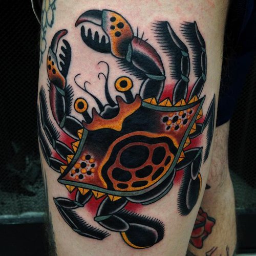 Traditional Crab Tattoo On Leg
