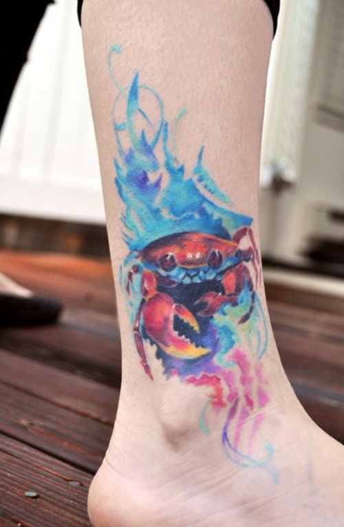Colorful Crab Tattoo On Right Ankle