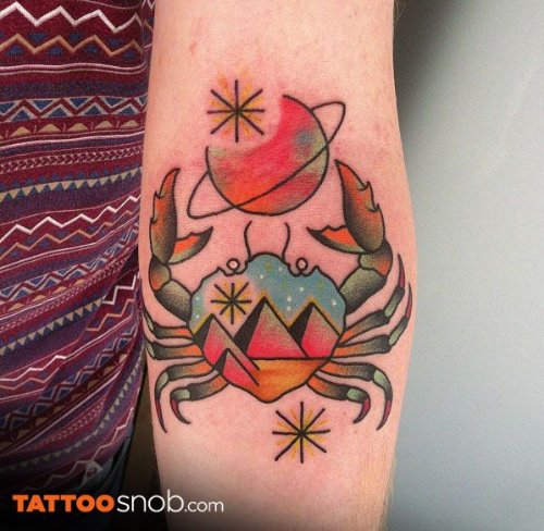 Watercolor Moon And Crab Tattoo On Left Forearm