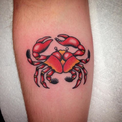 Red Ink Crab Tattoo On Leg