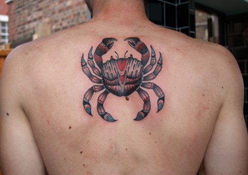Man Upper Back Crab Tattoo