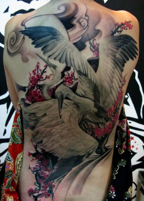 Japanese Colored Crane Tattoo On Back