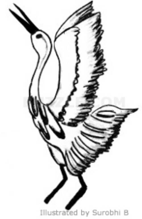 Amazing Grey Ink Flying Crane Tattoo Design
