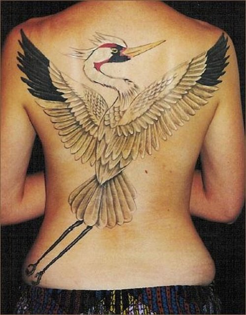 Attractive Crane Tattoo On Back Body