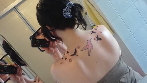 Flying Crane Tattoos On Girl Upperback
