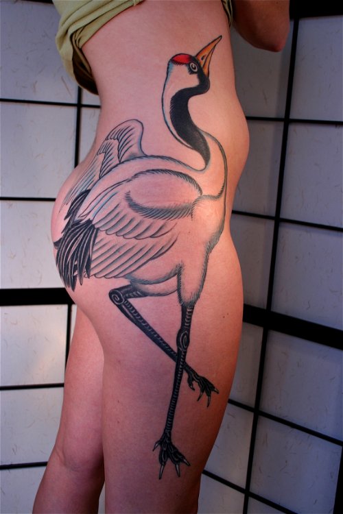 Large Crane Tattoo On Side Rib