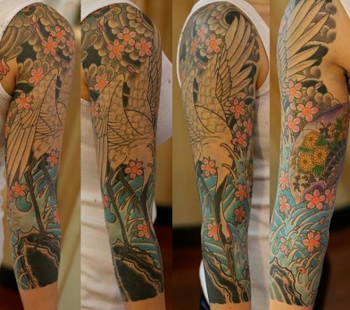 Cherry Blossom Flowers And Crane Tattoo On Sleeve