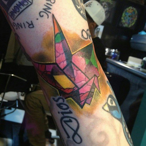 Colored Paper Crane Tattoo On Sleeve