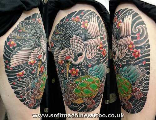 Awesome Colored Crane Tattoo