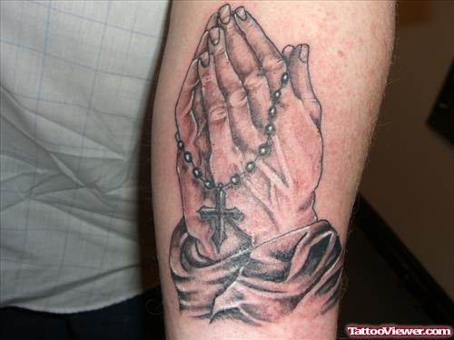Religious Rosary Cross and Praying Hands Tattoo