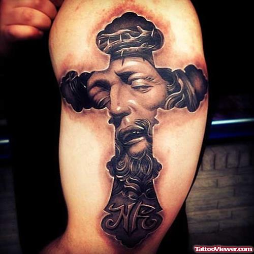 Jesus Face In Cross 3D Tattoo On Half Sleeve