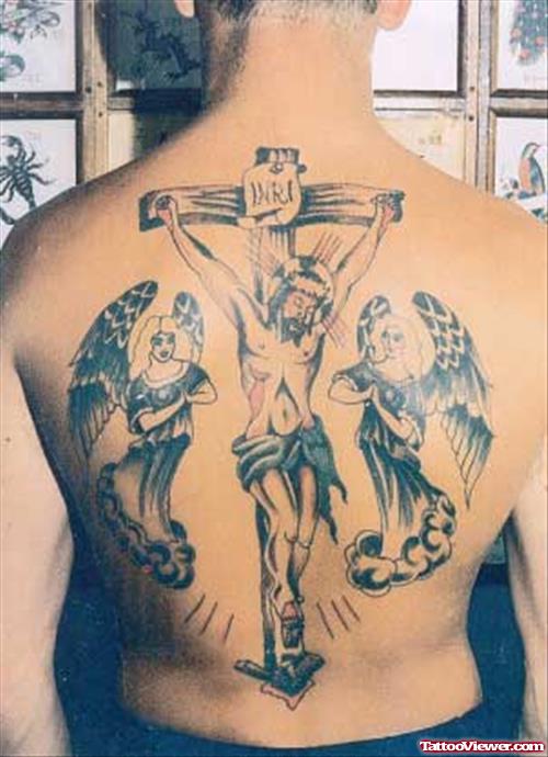 Jesus Cross And Angels Tattoo On Back