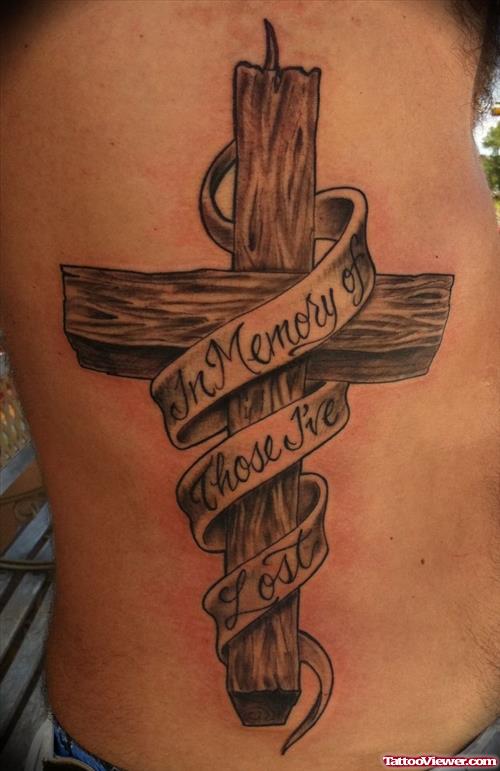Wooden Cross With Banner Tattoo