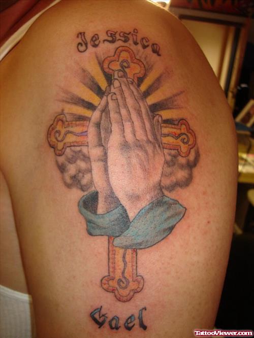 Praying Hands Colored Ink Cross Tattoo On Left Shoulder