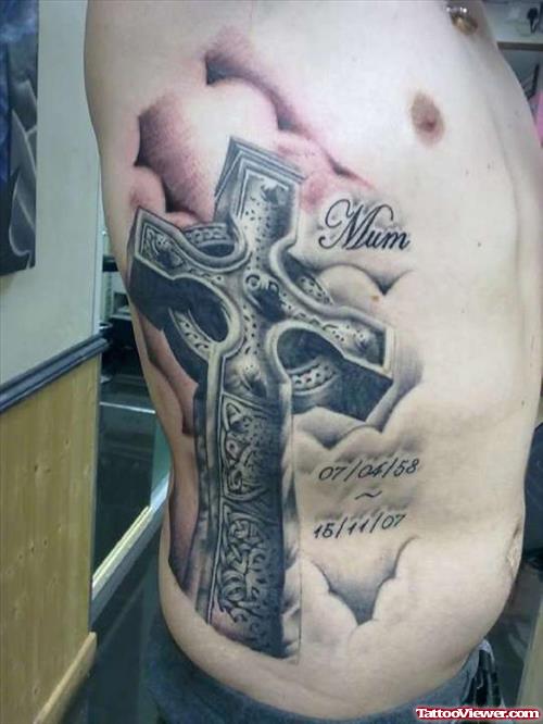 Memorial Grey Ink Cross Tattoo On Rib Side