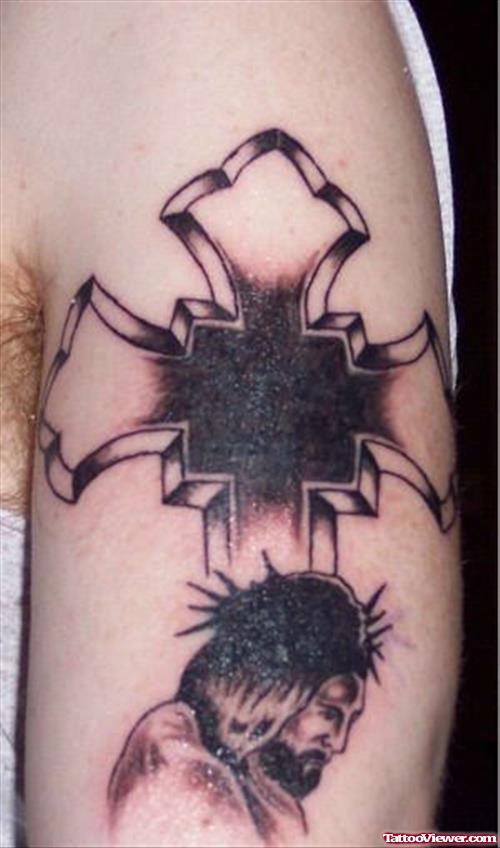 Grey Ink Cross Tattoo On Left Half Sleeve