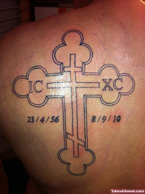 Memorial Cross Tattoo On Left Back Shoulder