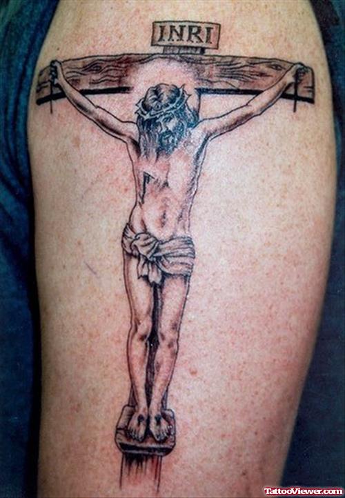 Jesus Hang On Cross Tattoo On Half Sleeve