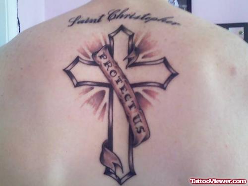 Cross And Banner Tattoo On Back Body