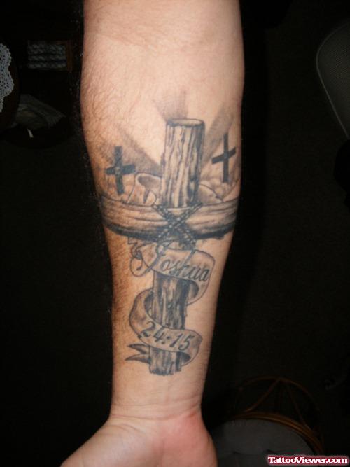 Awesome Grey Ink Cross Tattoo On Right Arm