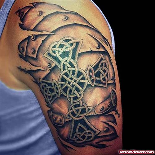 Armor Celtic Cross Tattoo On Left Shoulder