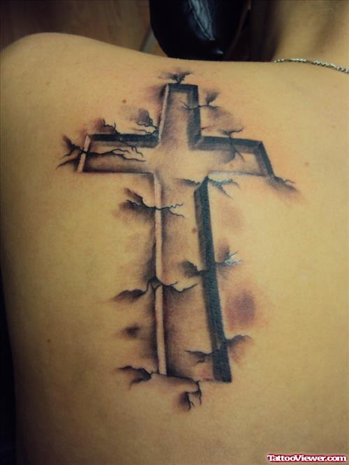 Amazing Cross Tattoo On Left Back Shoulder