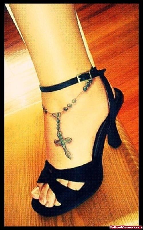 Rosary Cross Tattoo On Girl Ankle