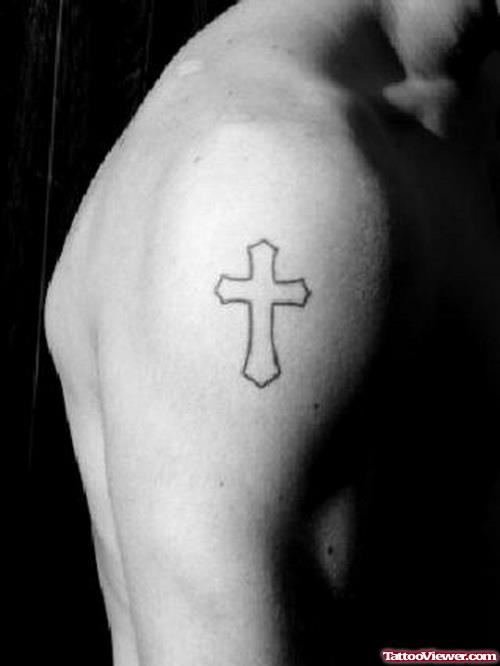 Outline Cross Tattoo On Man Right Shoulder