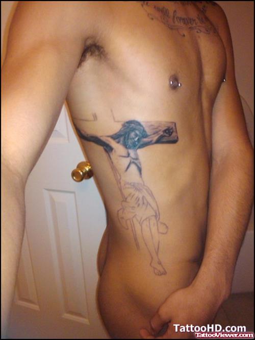 Jesus Cross Tattoo On Man Side Rib