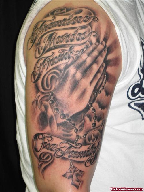 Grey Ink Praying Hands Cross Rosary Tattoo On Right Half Sleeve